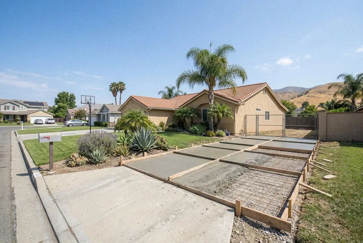 A concrete crew pouring a driveway slab on a Chino, CA residential street
