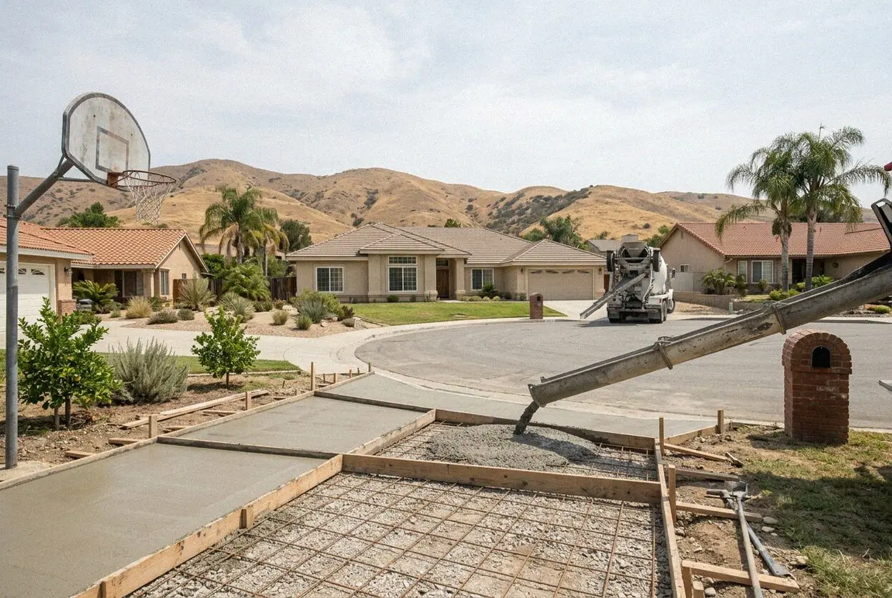 Concrete crew finishing a sloping driveway on a Chino Hills hillside street