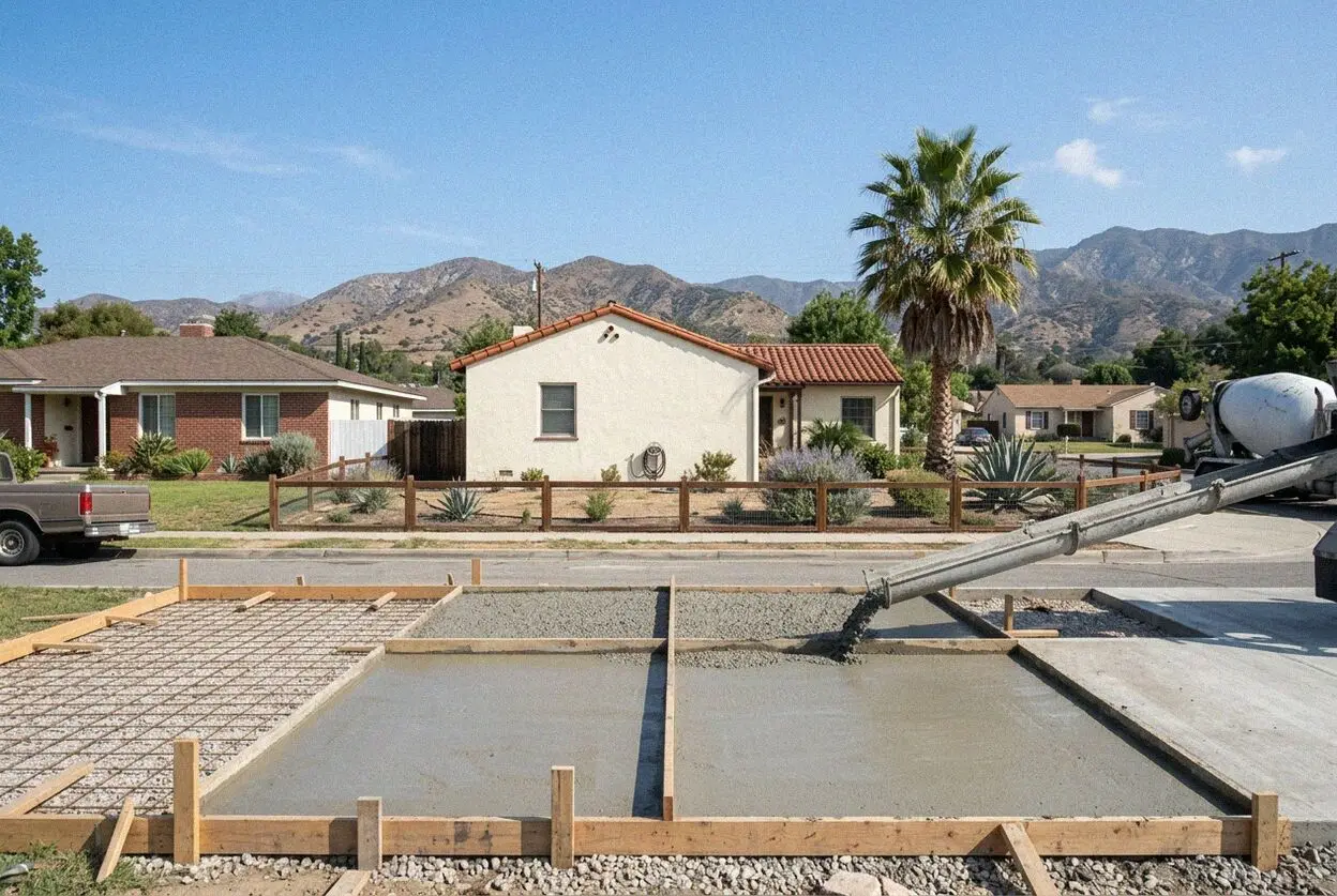 A concrete walk being formed at a 1920s bungalow in Claremont, CA
