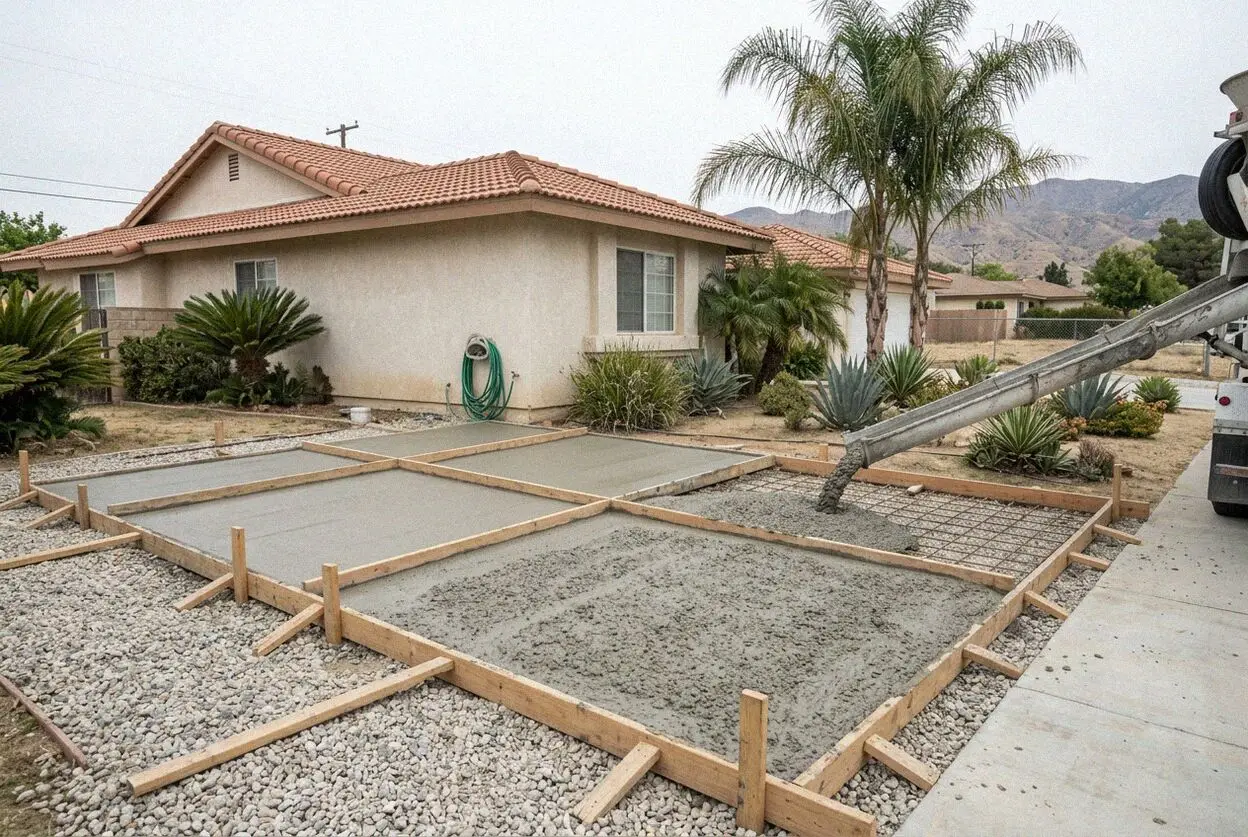 A concrete crew finishing a new driveway on a Colton street