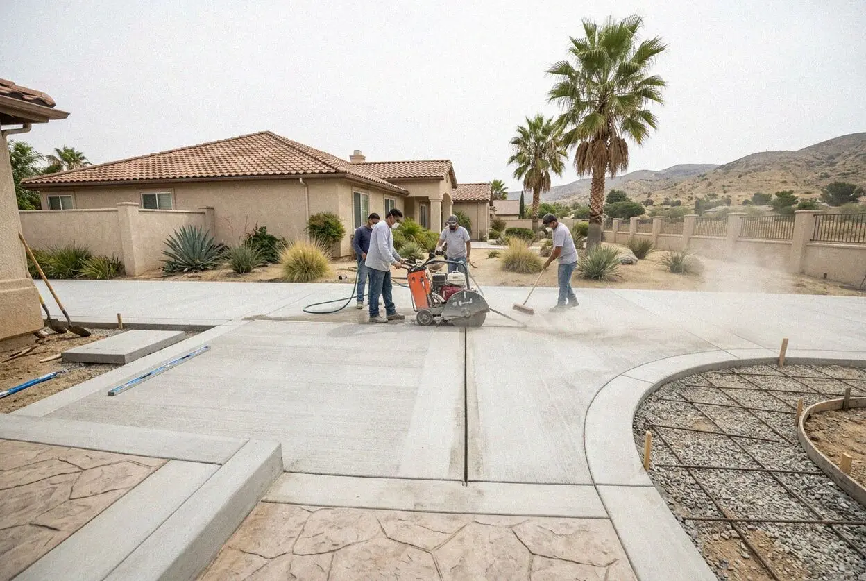Wet saw following a chalked line on a concrete floor in Fontana