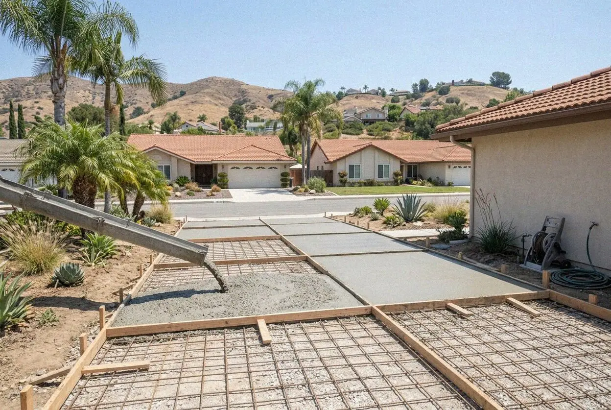 A new concrete driveway climbing a sloping 1970s lot in Diamond Bar