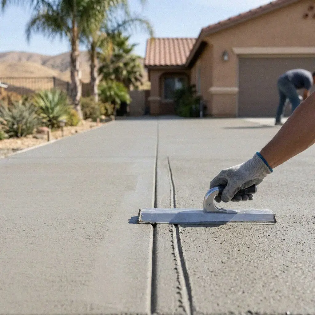 Crew compacting imported base before a driveway pour in Fontana, CA
