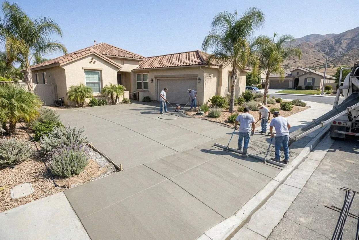 Crew finishing a new concrete driveway at a home in Fontana, CA