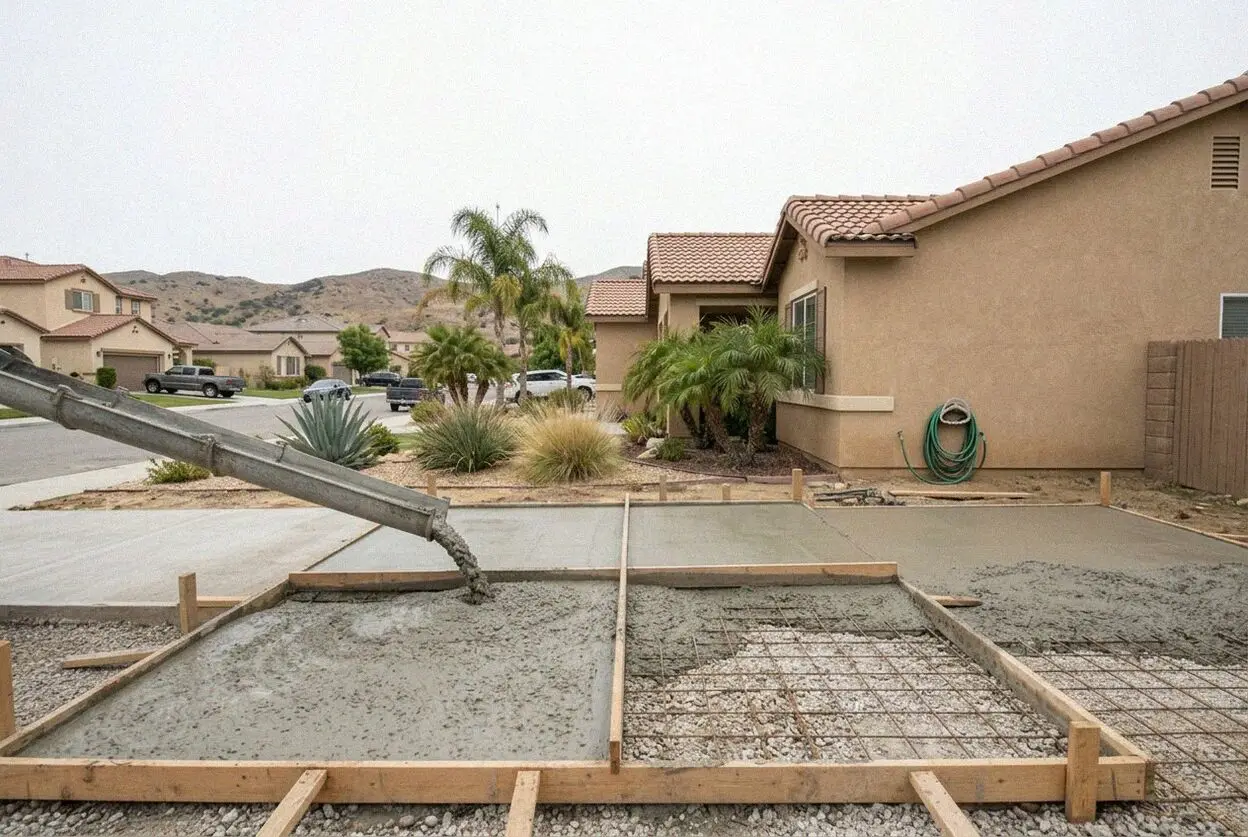 Concrete crew finishing a driveway pour on a tract street in Eastvale