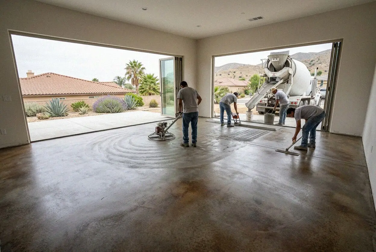 A power troweled interior concrete floor in a Fontana workshop
