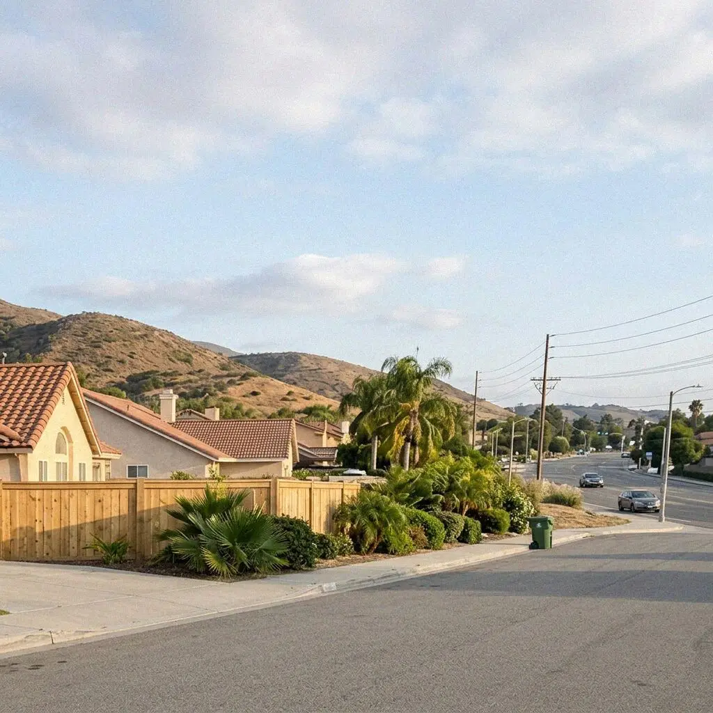 A residential street in Fontana with the San Gabriels behind it