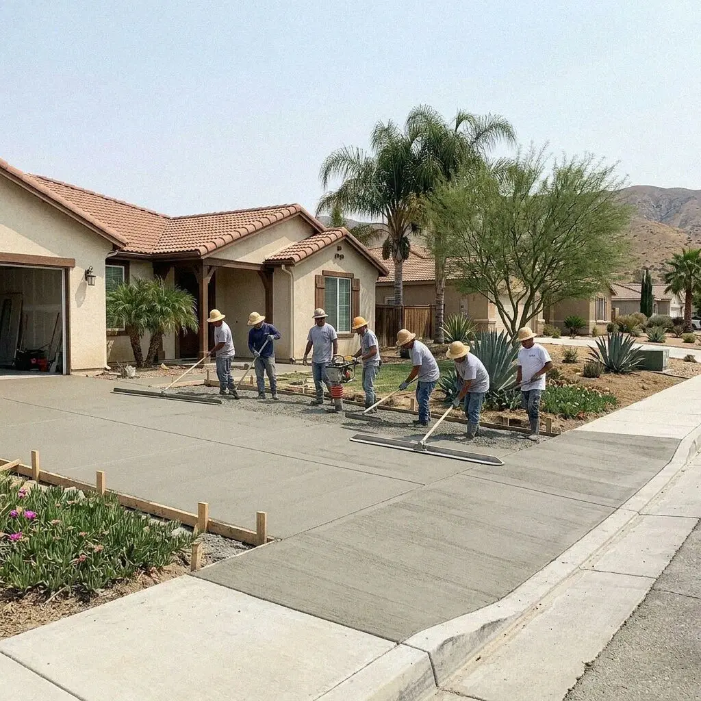 Steelyard Fontana Concrete crew mid-pour at a family home in Fontana