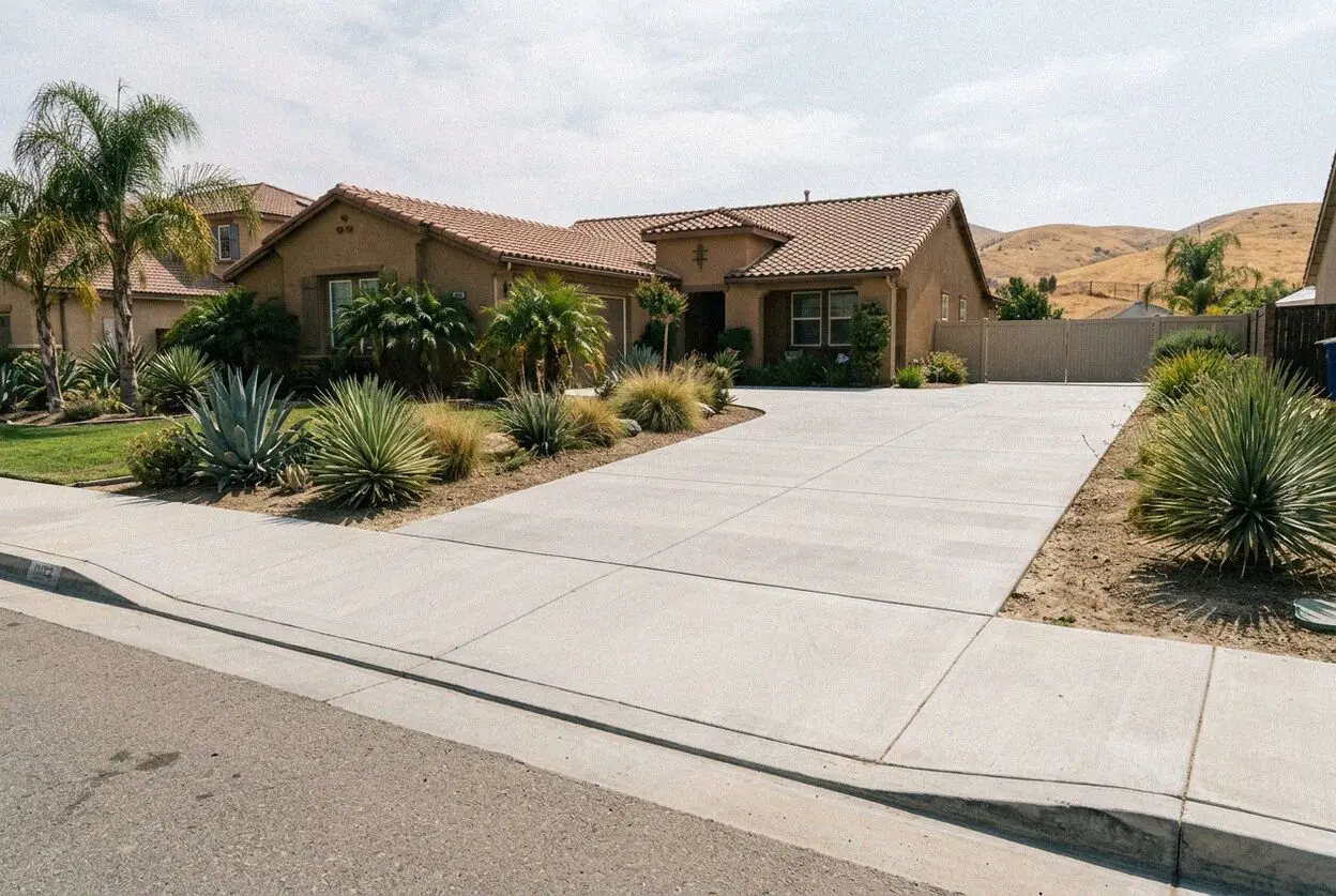 New concrete driveway slab with joints cut, outside a Fontana house