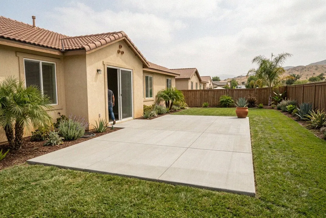Broom-finished concrete patio behind a Sierra Lakes home in Fontana