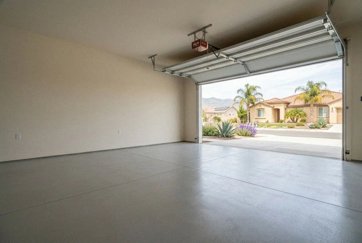 New garage floor slab at a Southridge home in Fontana