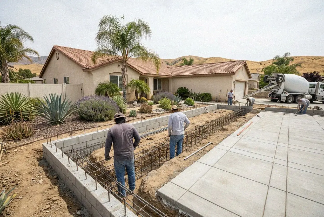 An open footing trench with steel tied ready for inspection in Fontana