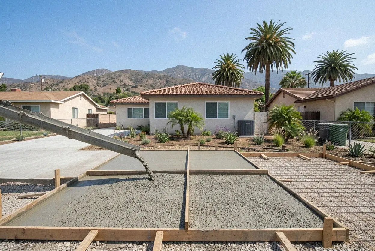 A concrete driveway being poured at a foothill home in Glendora