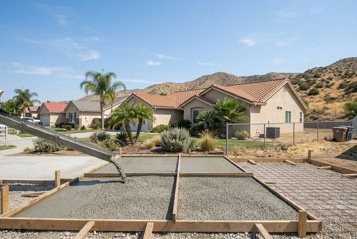 A concrete patio poured behind a 1970s home in Grand Terrace