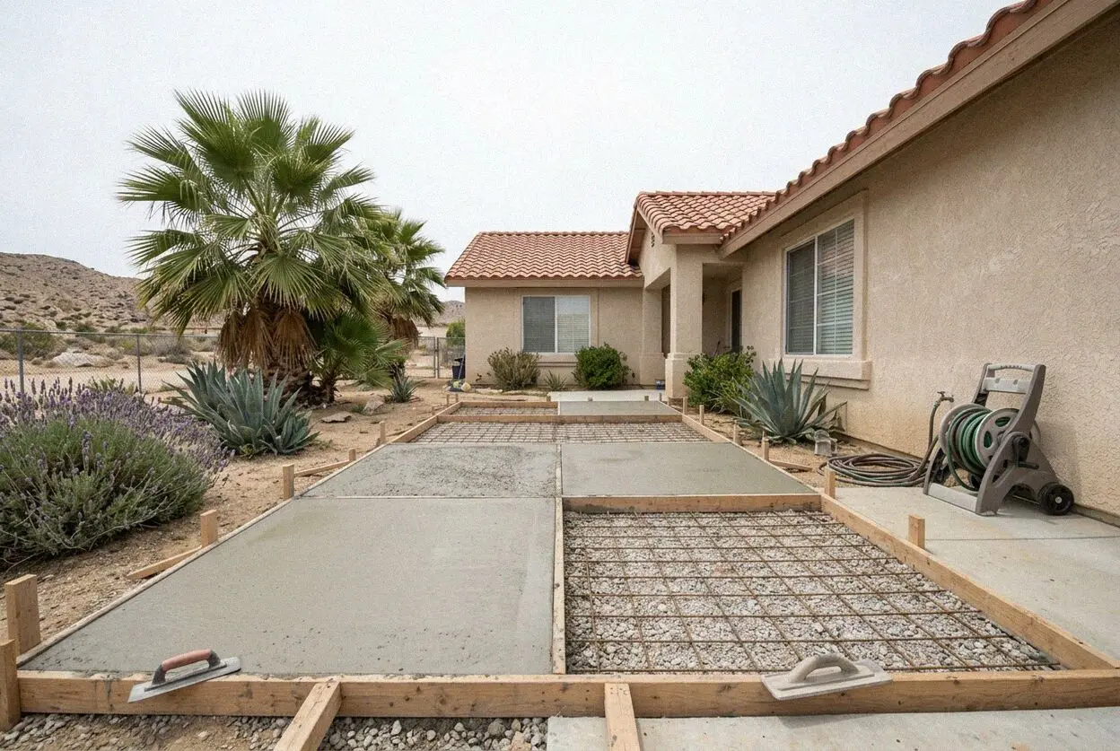 A finished poured driveway on a large Hesperia lot in winter light
