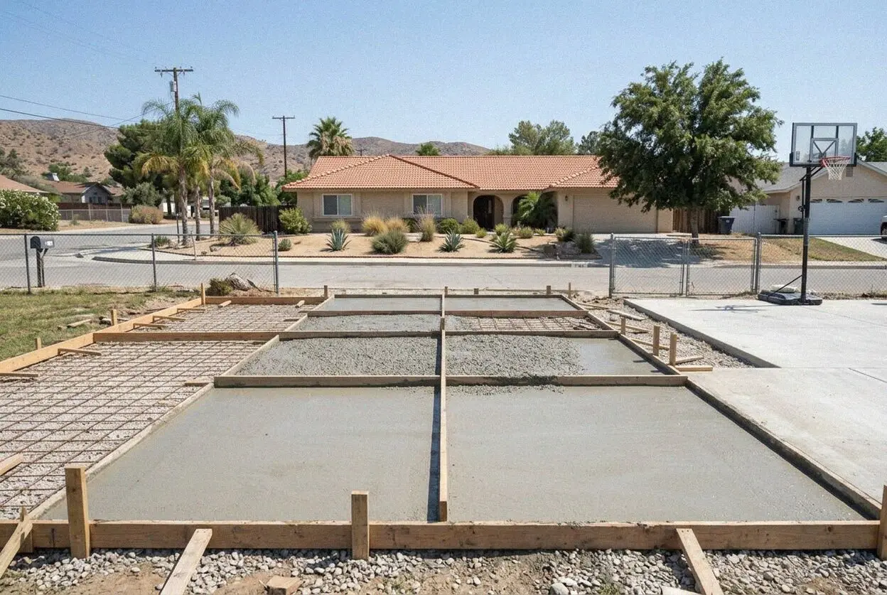 A driveway being poured at a 1970s ranch house on a Highland street