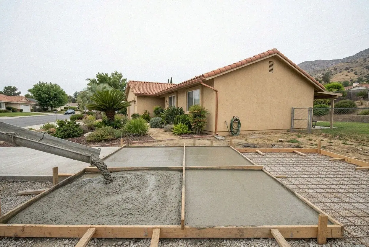 A concrete crew finishing a new driveway on a Loma Linda street below the hills