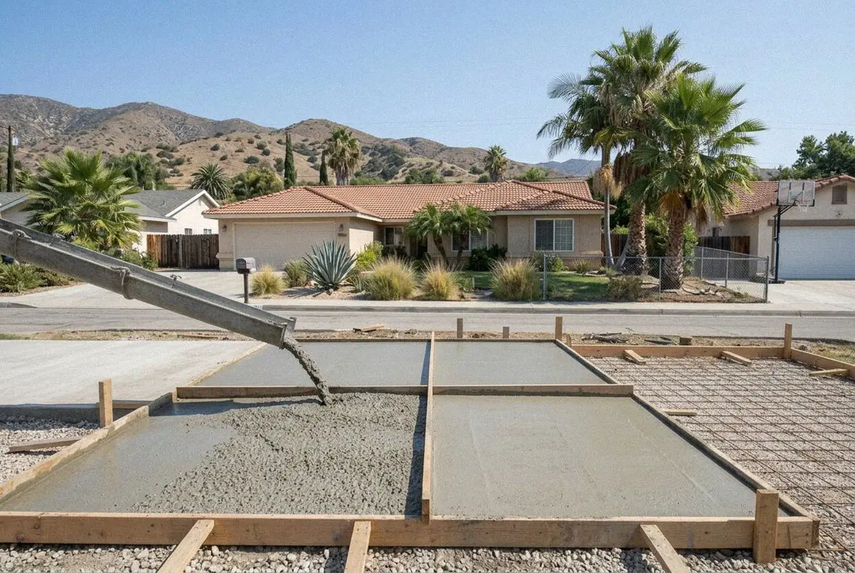 A replaced concrete driveway in front of a 1950s ranch house in Montclair