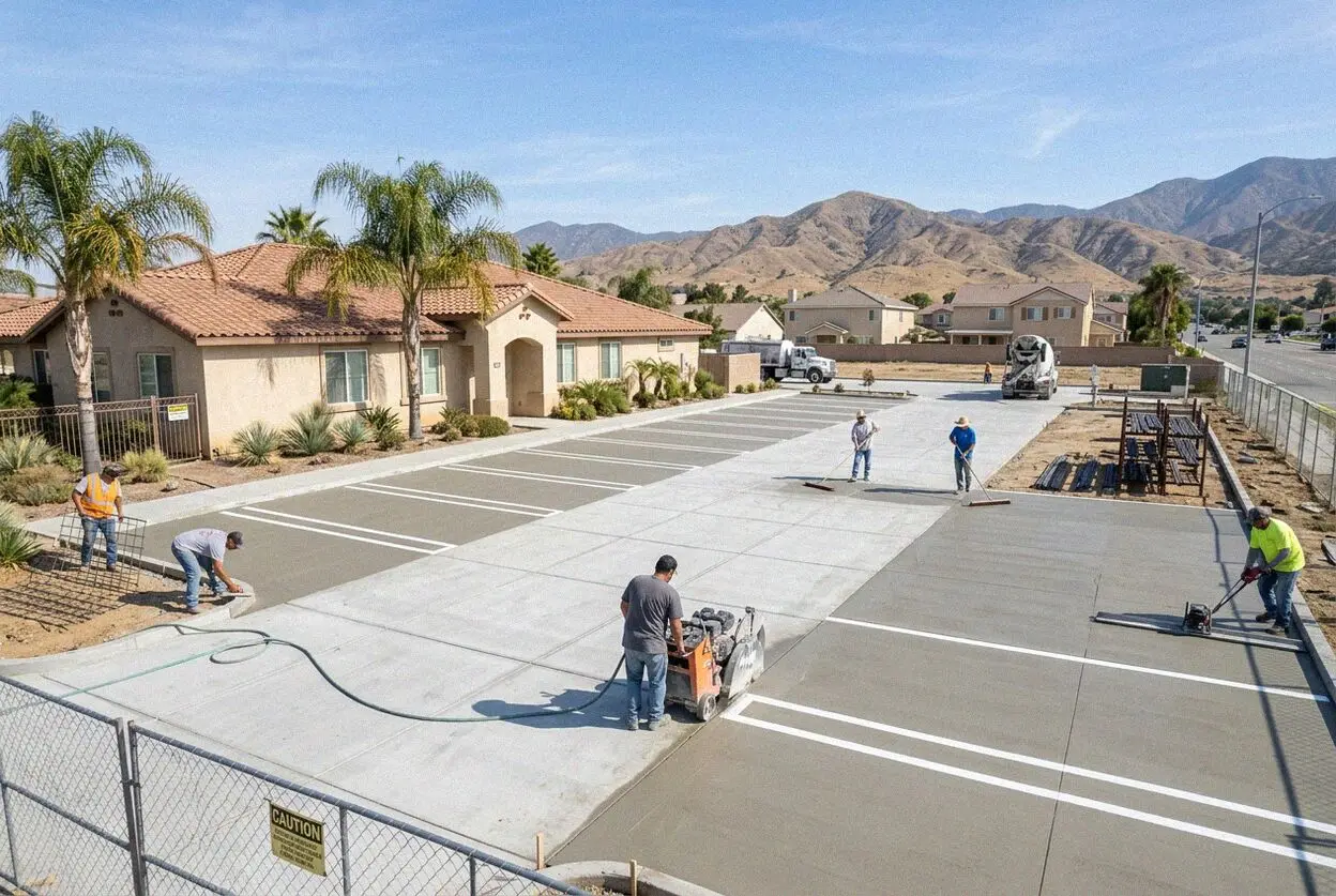 A new concrete truck apron being poured at a Fontana warehouse yard