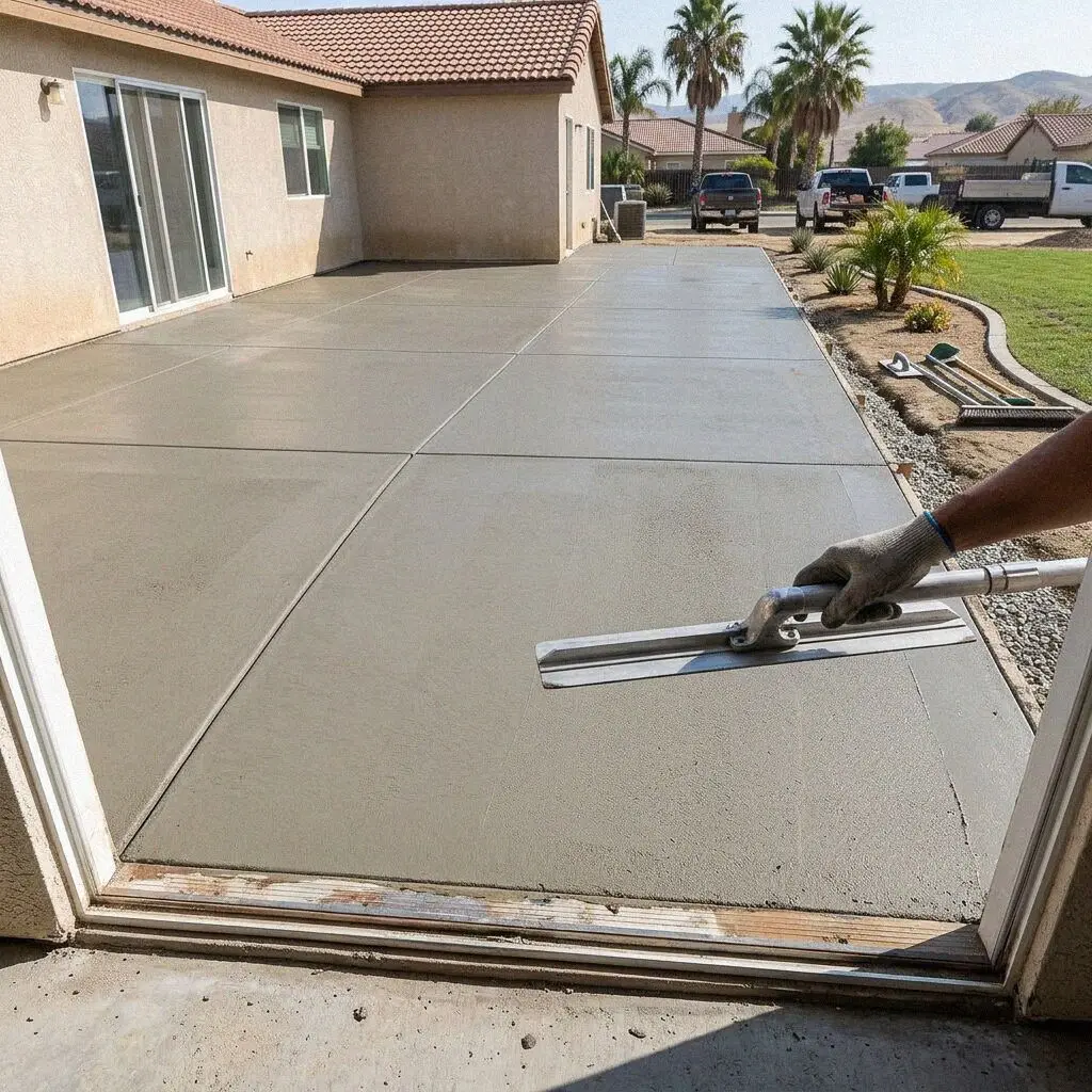 A finished broom-swept concrete patio at a Fontana tract home