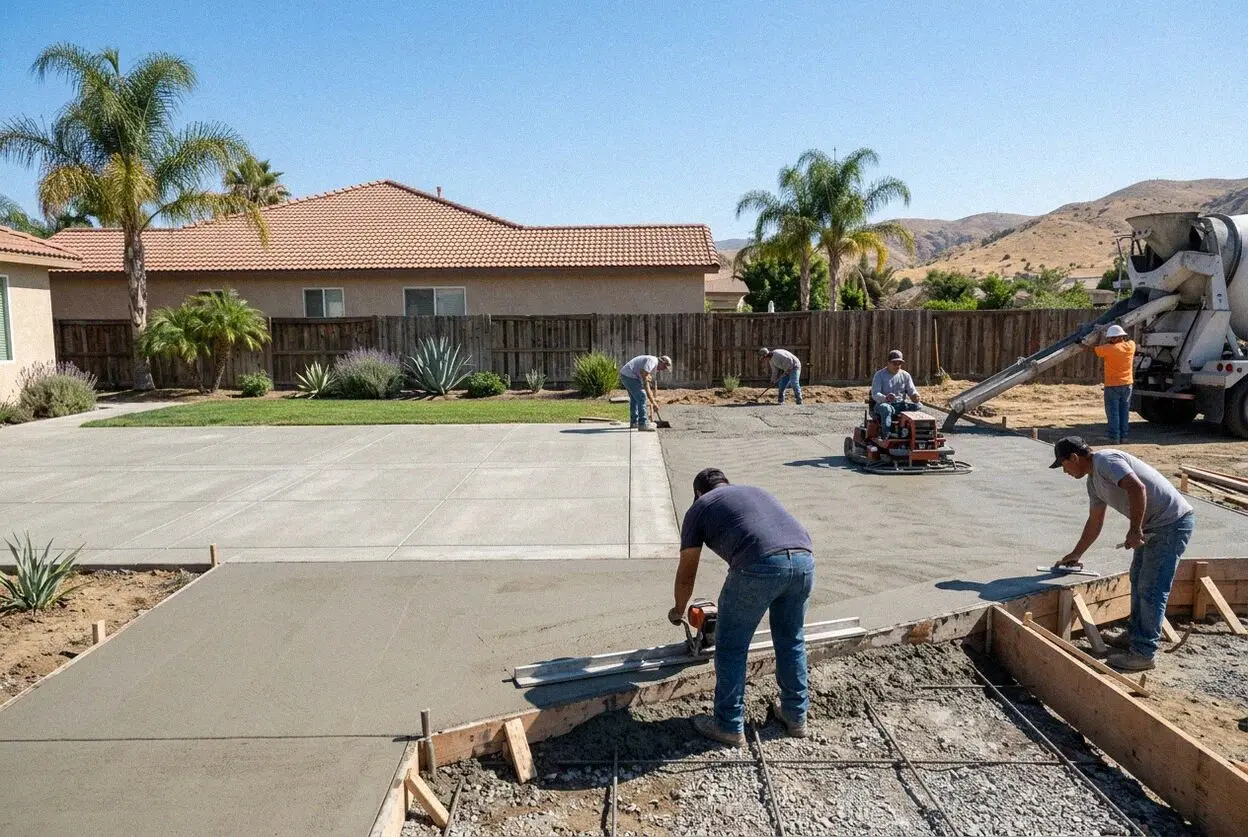 A concrete patio being floated behind a home in north Fontana