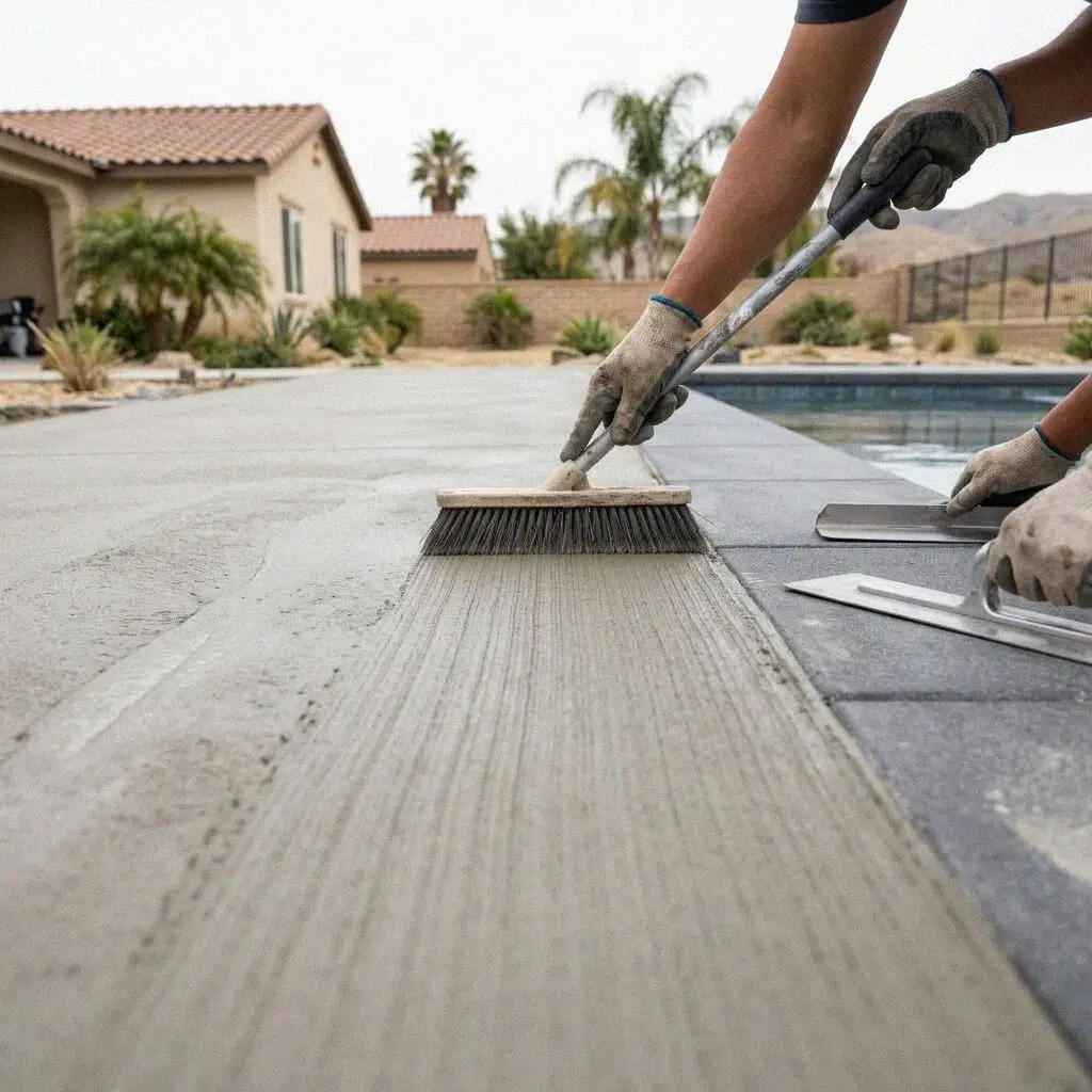 A finished concrete pool surround at a home in Sierra Lakes, Fontana
