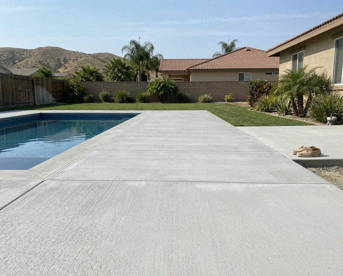 Broom-finished concrete pool deck behind a north Fontana home