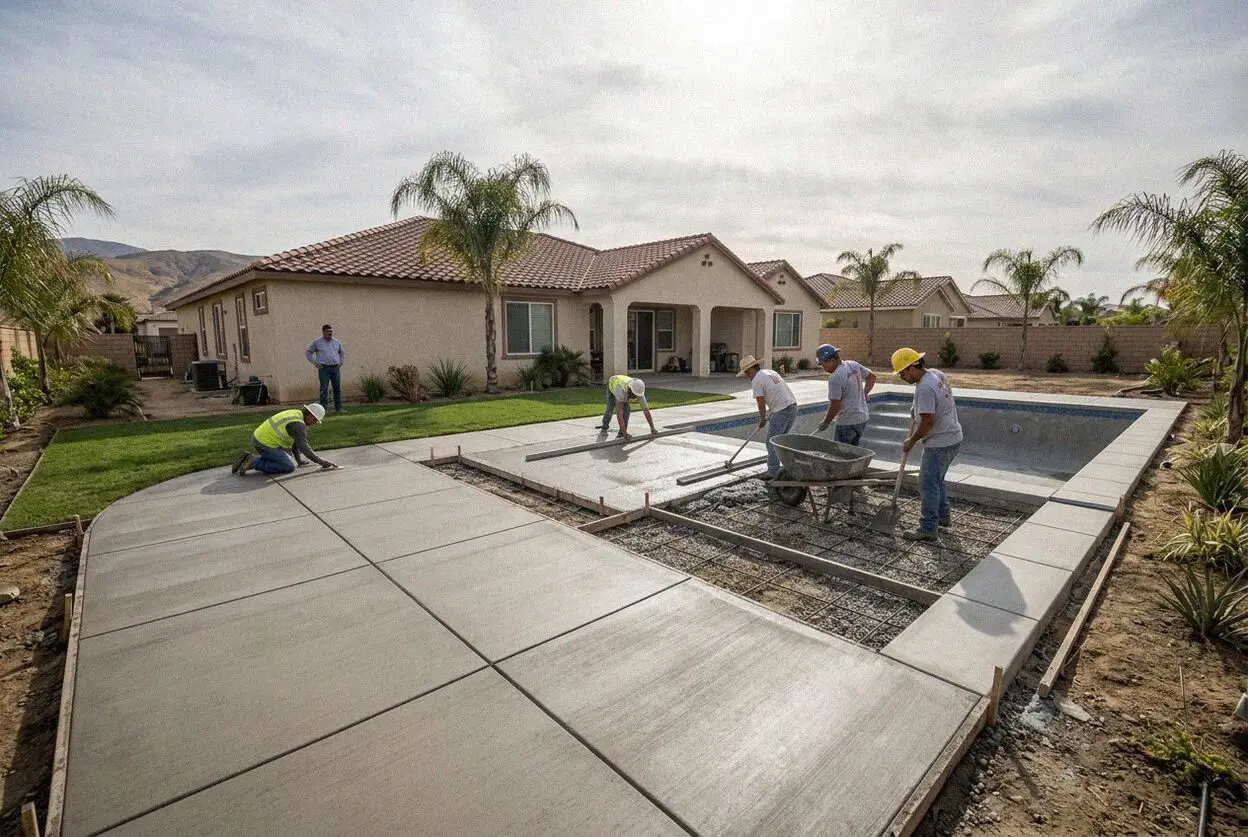 A concrete pool deck being floated at a backyard pool in Fontana