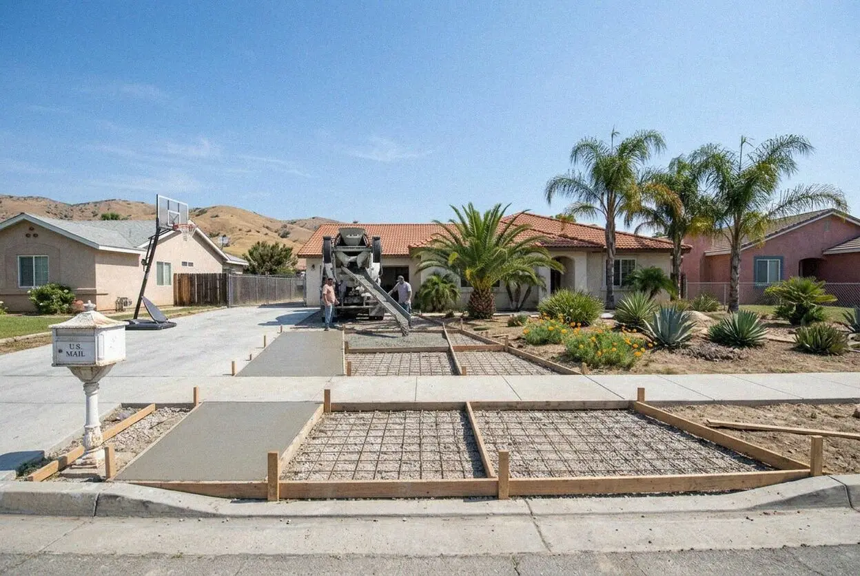 A new concrete driveway beside a Craftsman house on a Redlands street