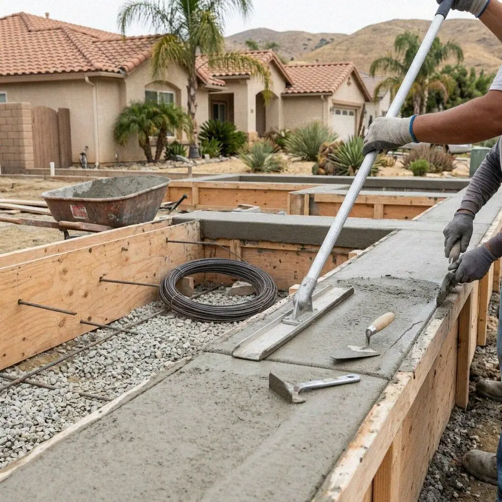 A finished retaining wall holding a cut slope behind a Fontana home
