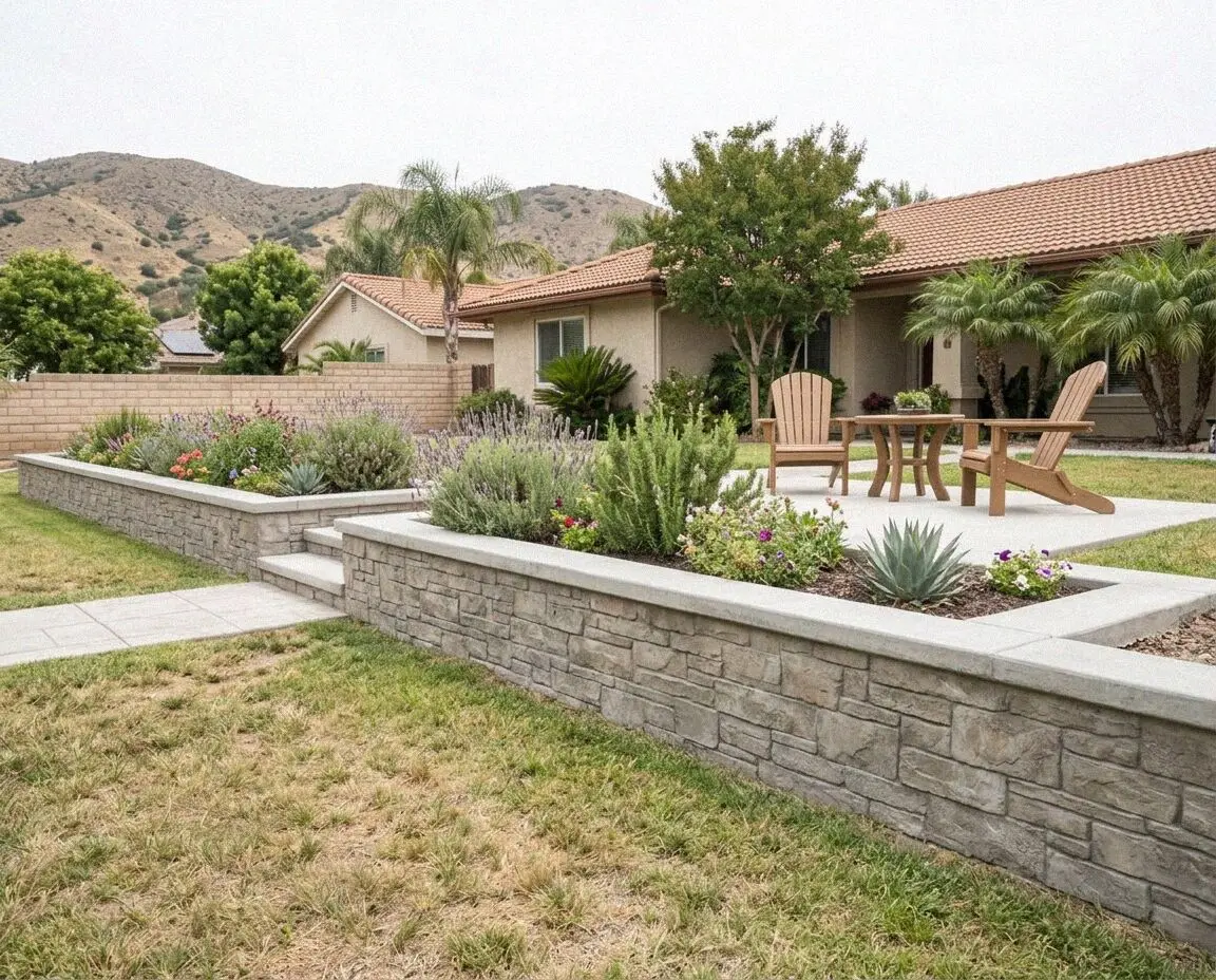 A poured concrete retaining wall holding a graded slope in Fontana