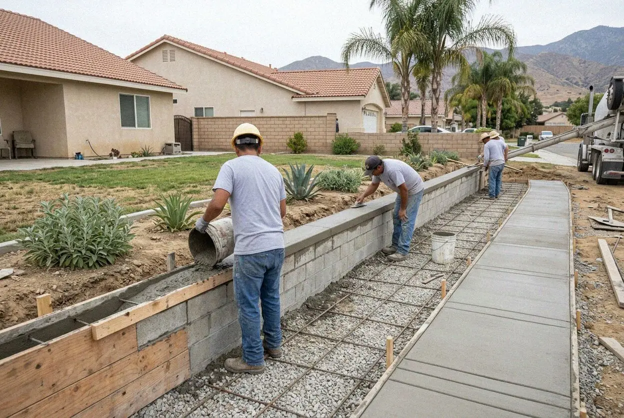 A poured concrete retaining wall on a graded hillside lot in Fontana