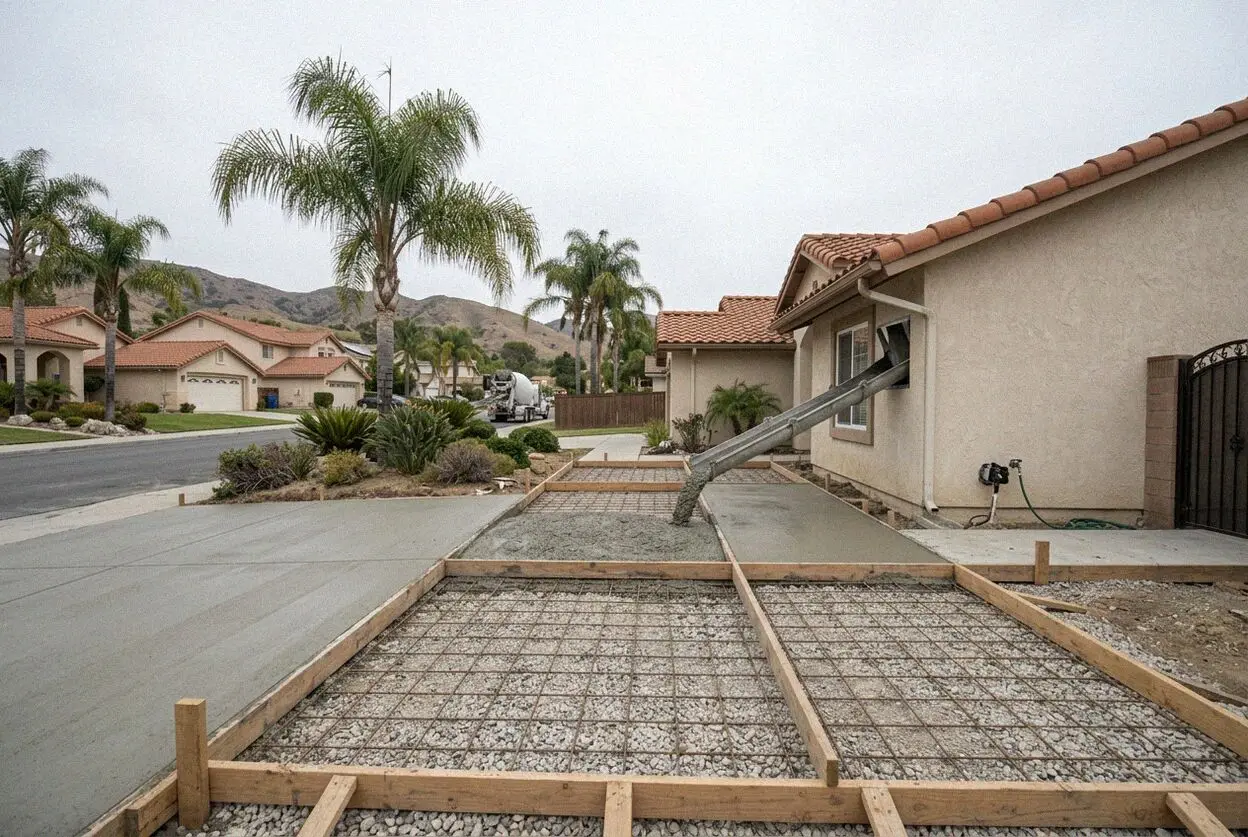 A concrete driveway being poured at a 1960s ranch house in San Dimas