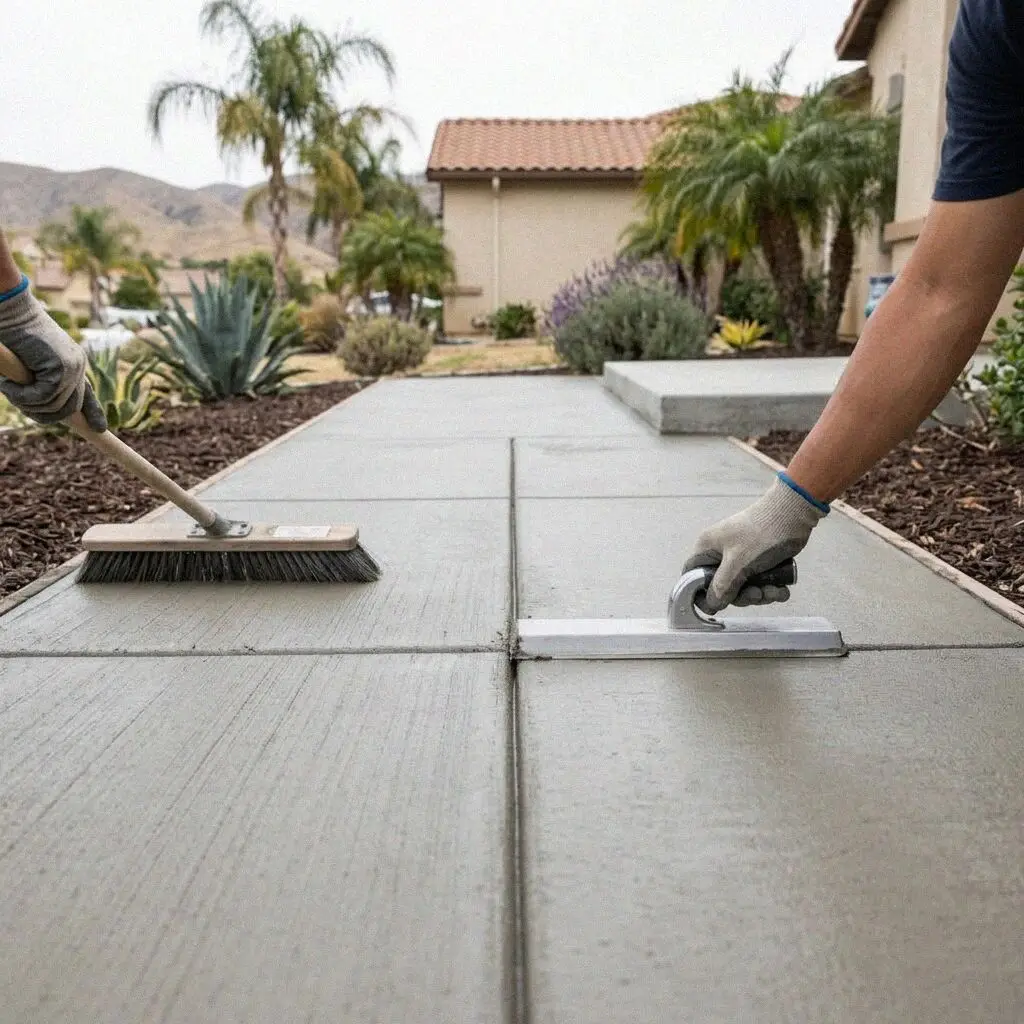 Crew screeding a new sidewalk panel on a street in Fontana, CA