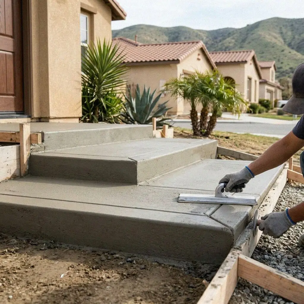 Crew finishing the treads of a new concrete stair in Fontana, CA
