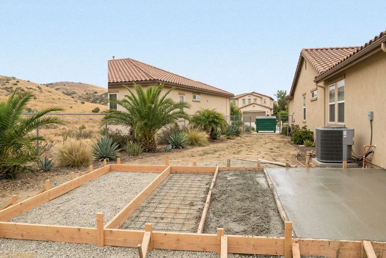 A concrete patio under construction at a hillside home in Yorba Linda