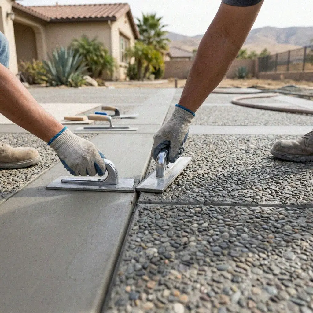 Crew rolling sealer onto a stained concrete slab in Fontana