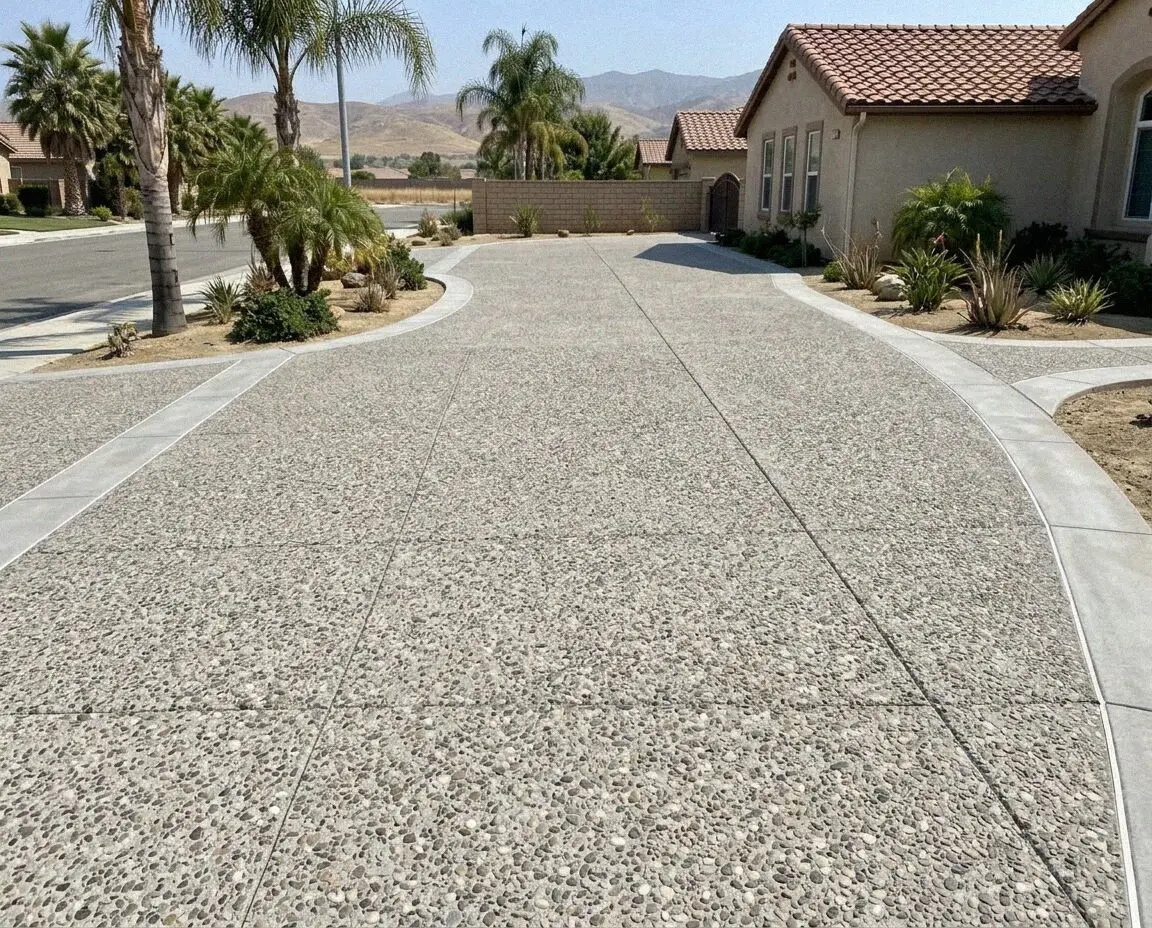 Exposed aggregate and stained concrete beside a Fontana drive