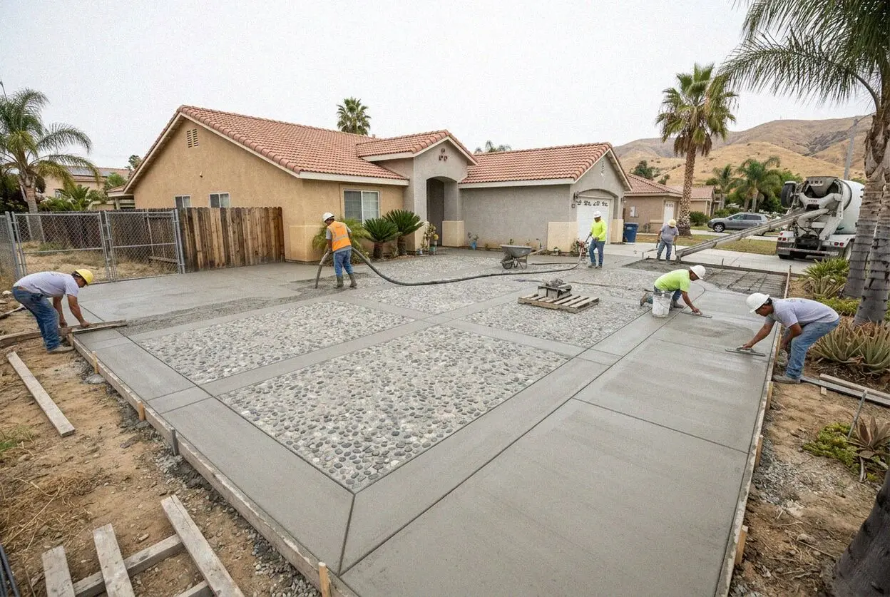 Stained and saw-cut concrete patio at a home in north Fontana