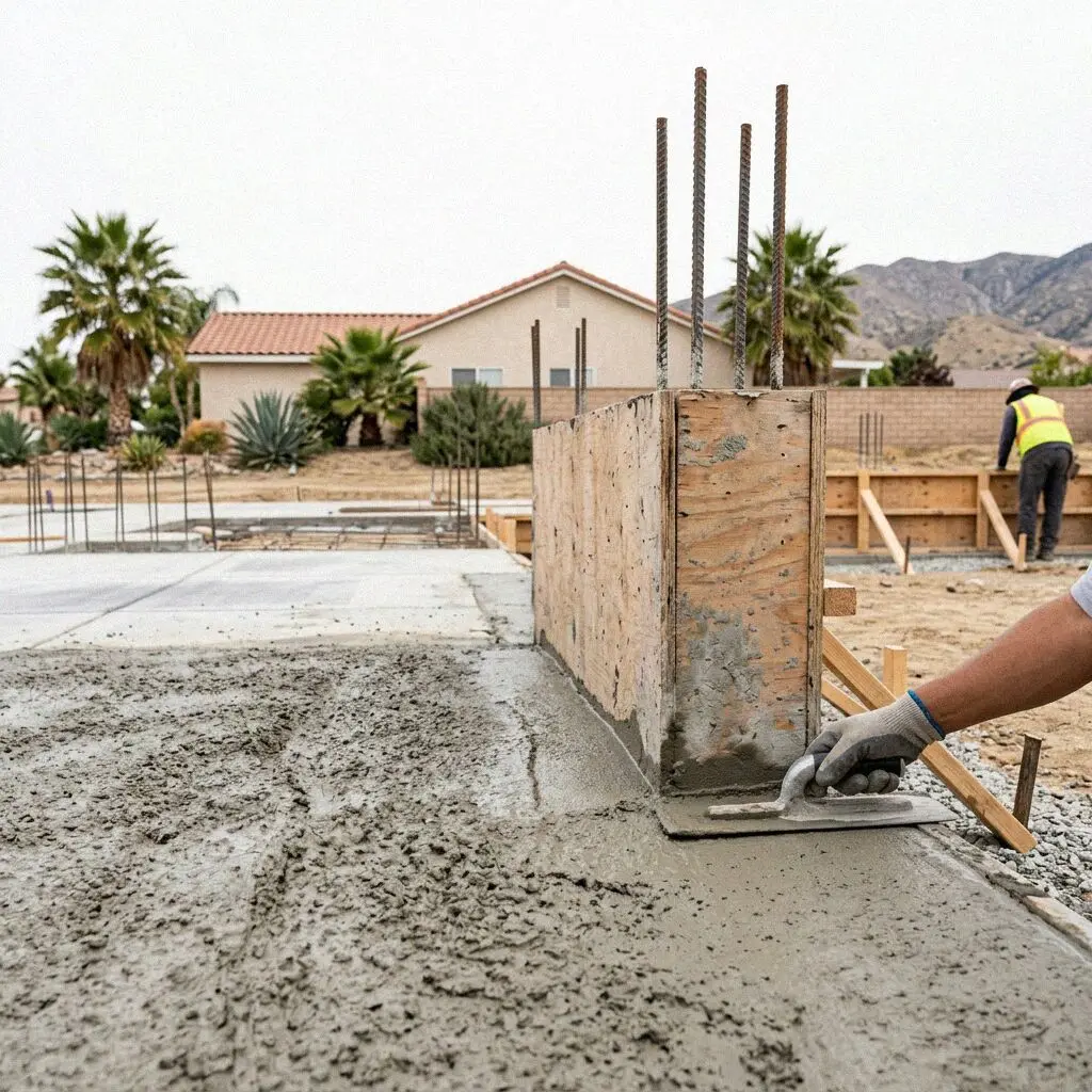 Crew forming a stem wall foundation for a rear addition in Fontana