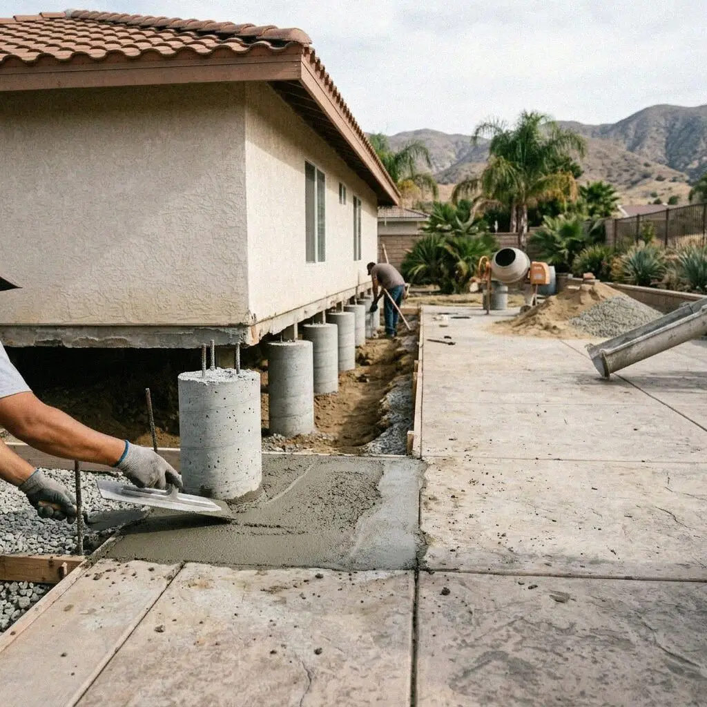 A house standing on cribbing while its new footing is formed in Fontana