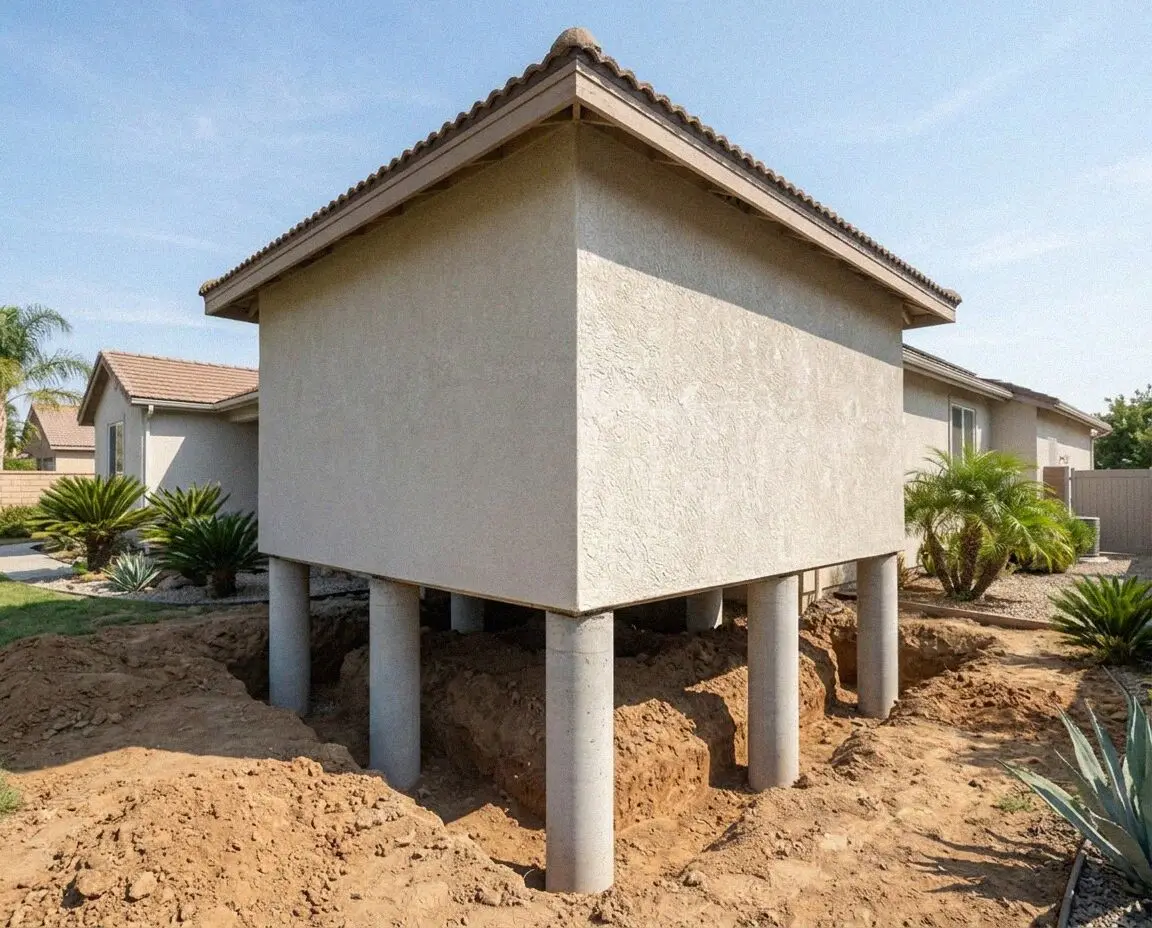 A house held on timber cribbing above its new footing in Fontana