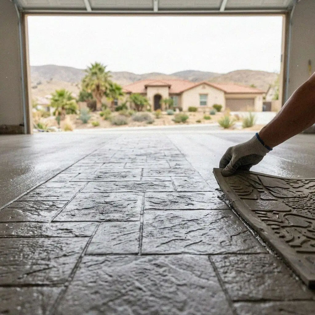 A finished garage floor slab in a Fontana home, troweled flat