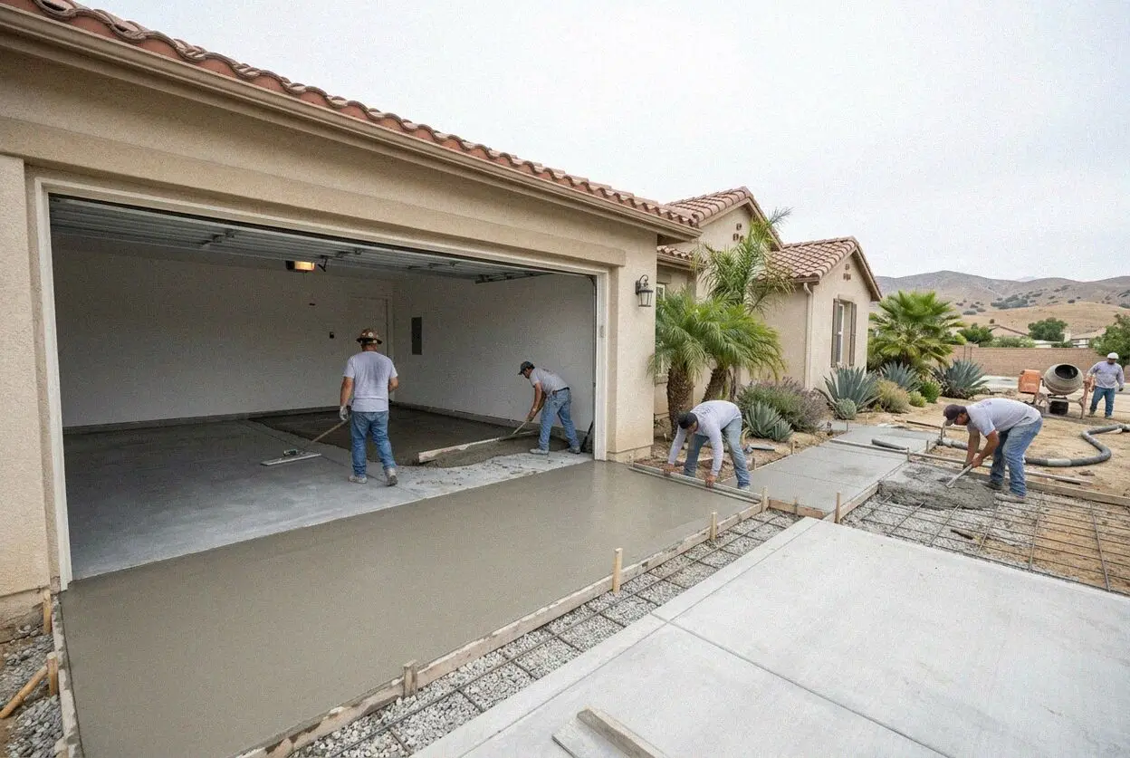 A garage slab being power troweled inside a Fontana home