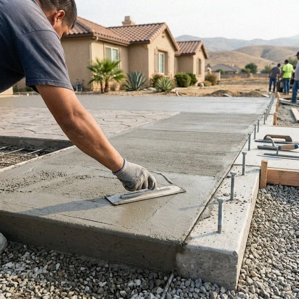 A poured ADU slab foundation on a rear lot in Fontana, CA
