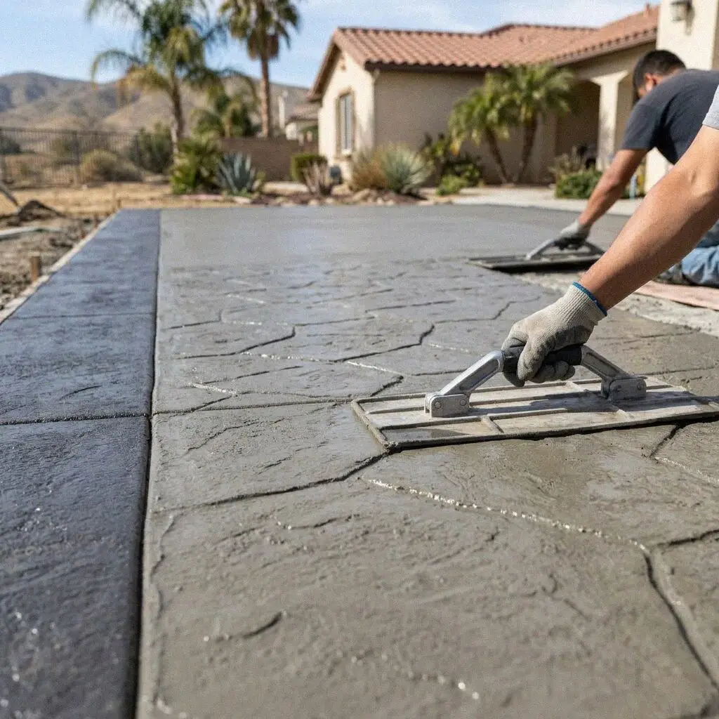 Crew pressing a stamp mat into fresh concrete at a Fontana home