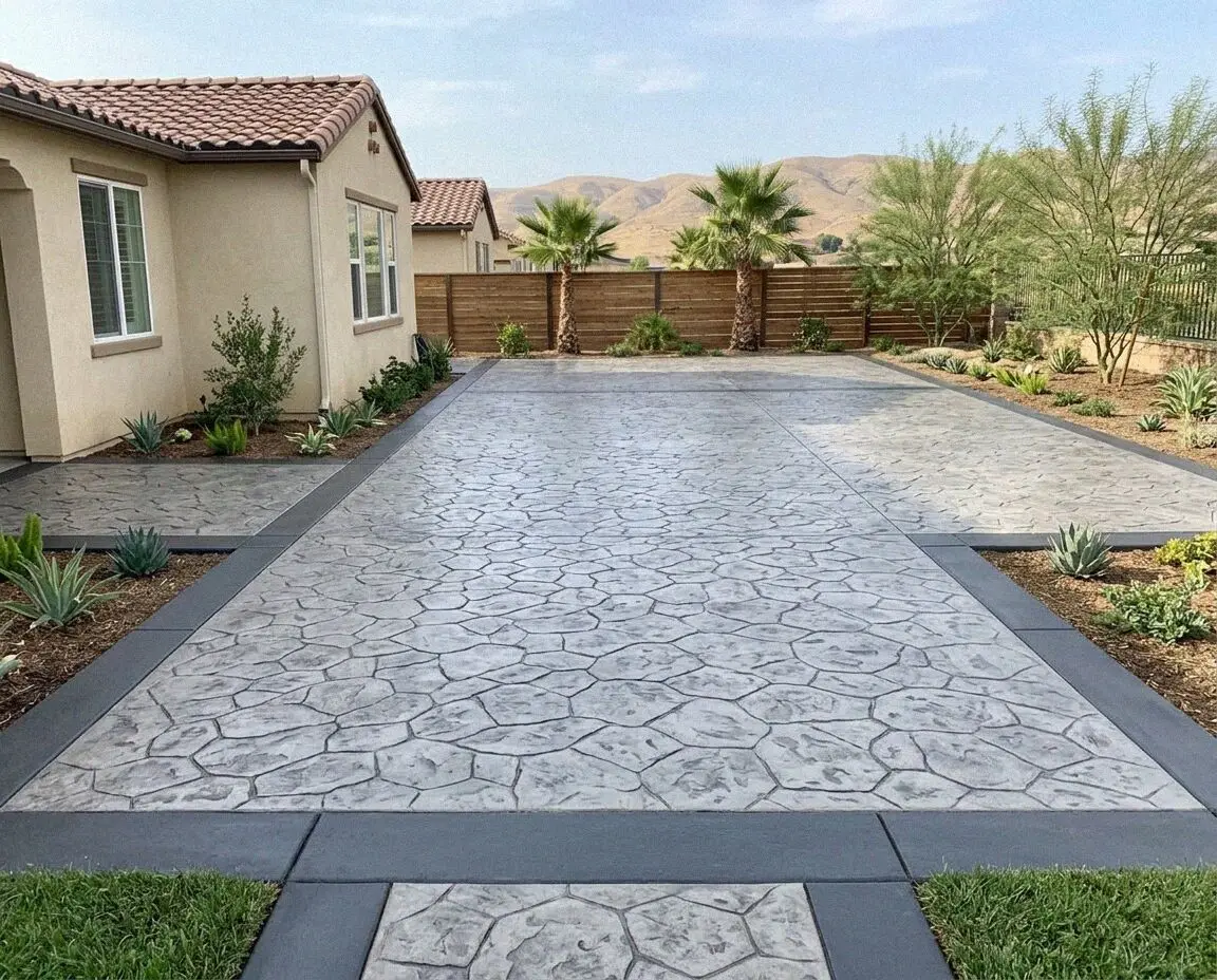A stamped concrete front path and entry at a home in north Fontana