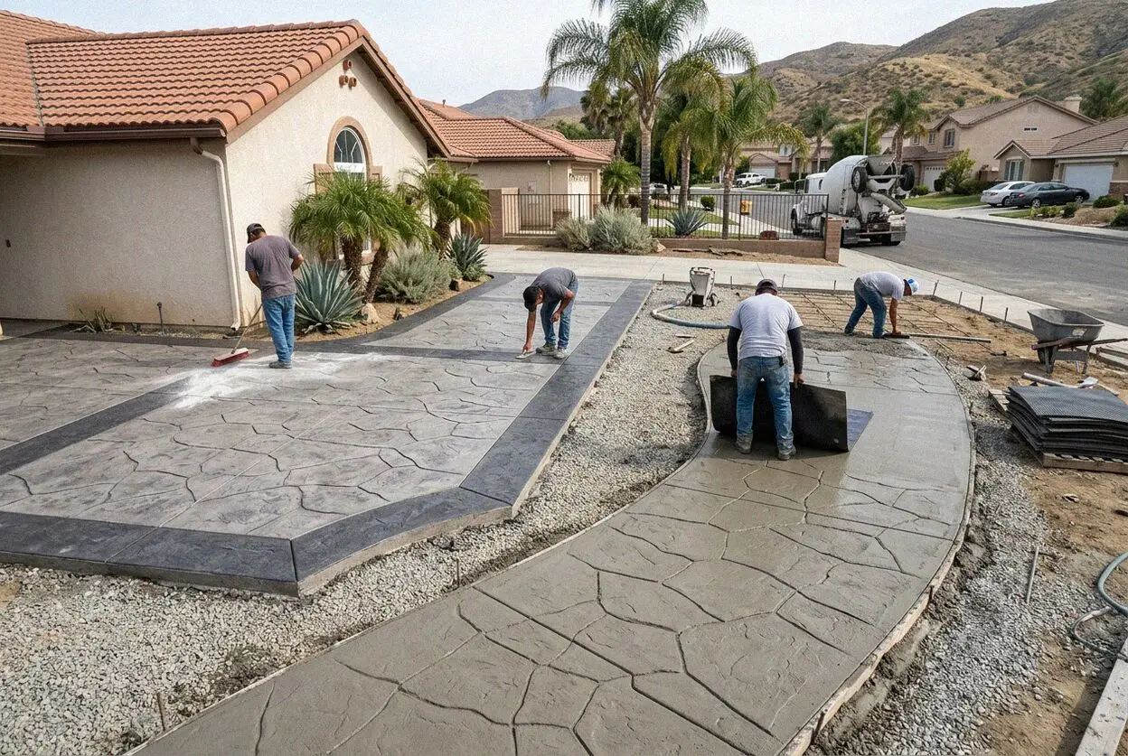 A stamped concrete patio in an ashlar pattern at a north Fontana home